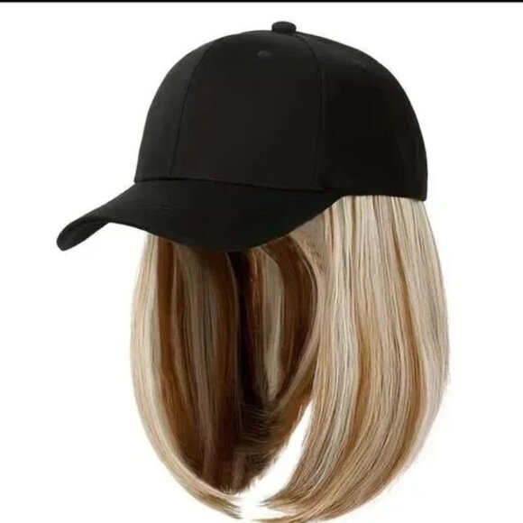 Baseball Cap Wig with Hair Extensions Straight Short Bob Hairstyle - Picture 2 of 9